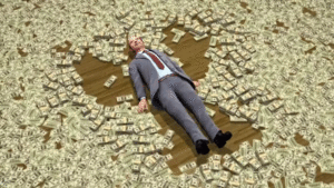 Homem deitado no chão fazendo um anjo de dinheiro